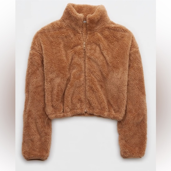 Aerie Offline Fluffy Sherpa Cropped Cozy Brown Teddy Jacket Size XS - Picture 3 of 10
